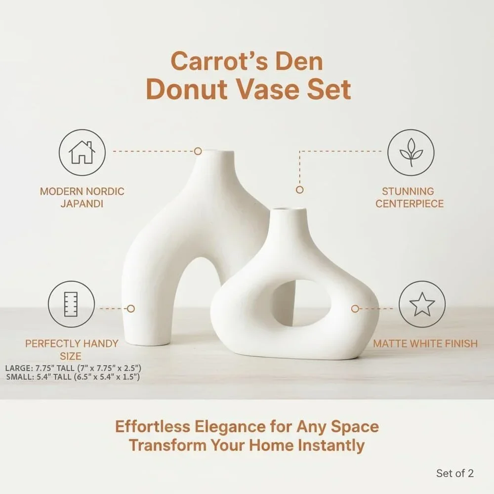 Carrot's Den Donut Vase Set Of 2 White Ceramic Minimalist Nordic Hollow New